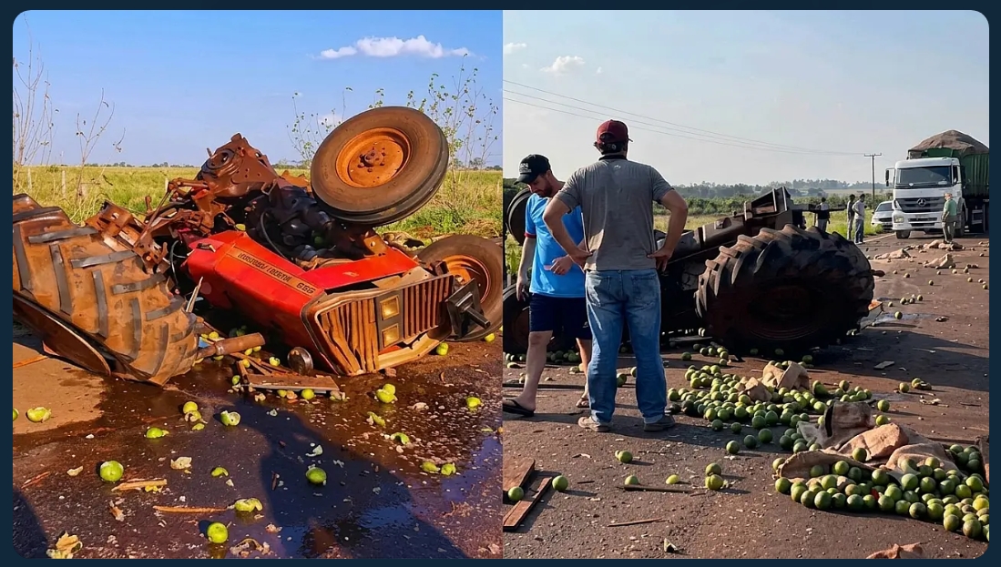 A carga do trator ficou espalhada pela pista e o veículo bastenta destruído